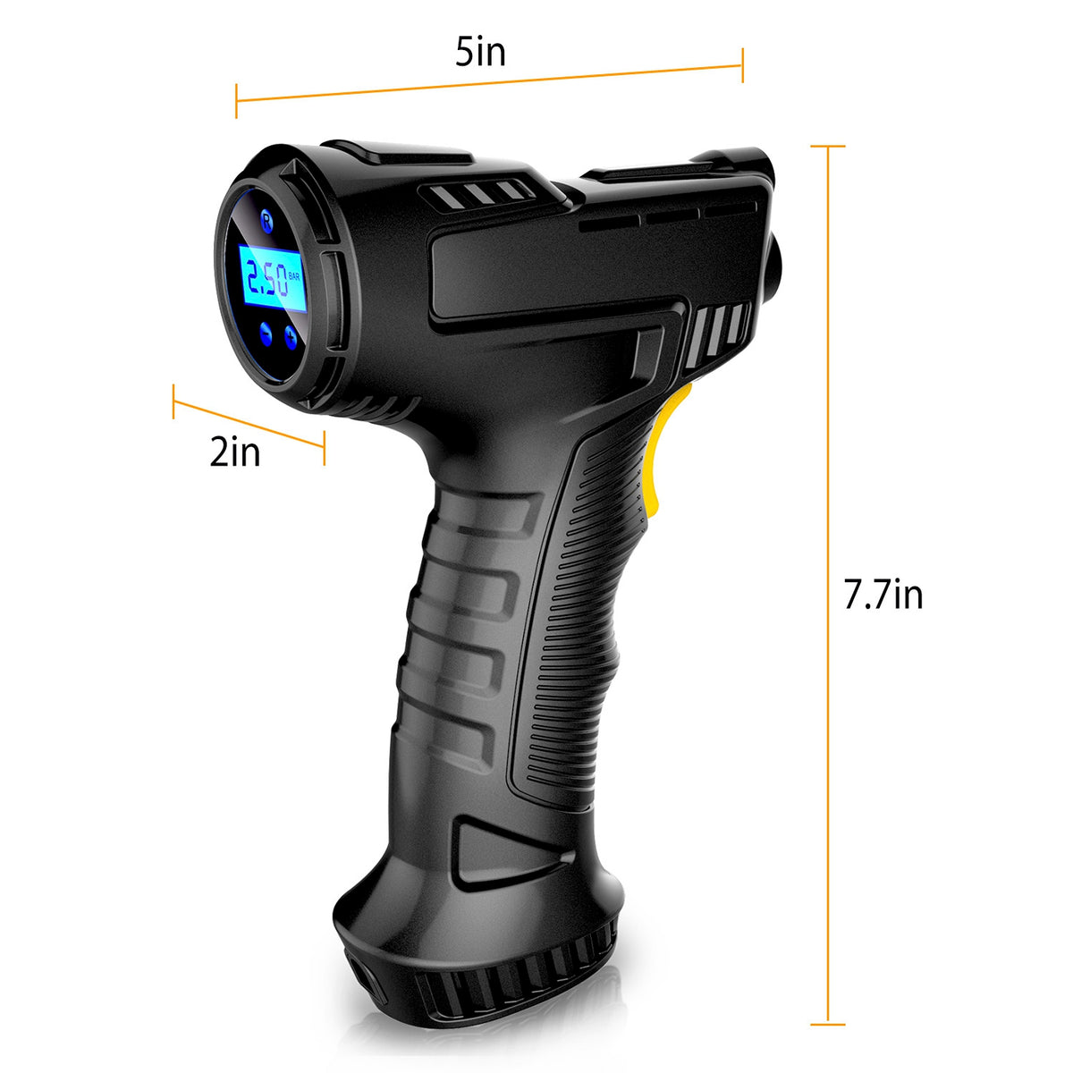 Black tire inflator with digital display and measurements on a white background
