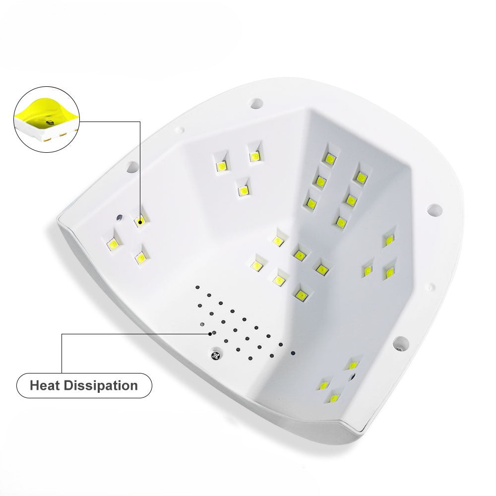 White LED light bar fixture with multiple small yellow-green LED chips on a white background, featuring a circular inset showing a yellow heat sink and a label pointing to heat dissipation holes.