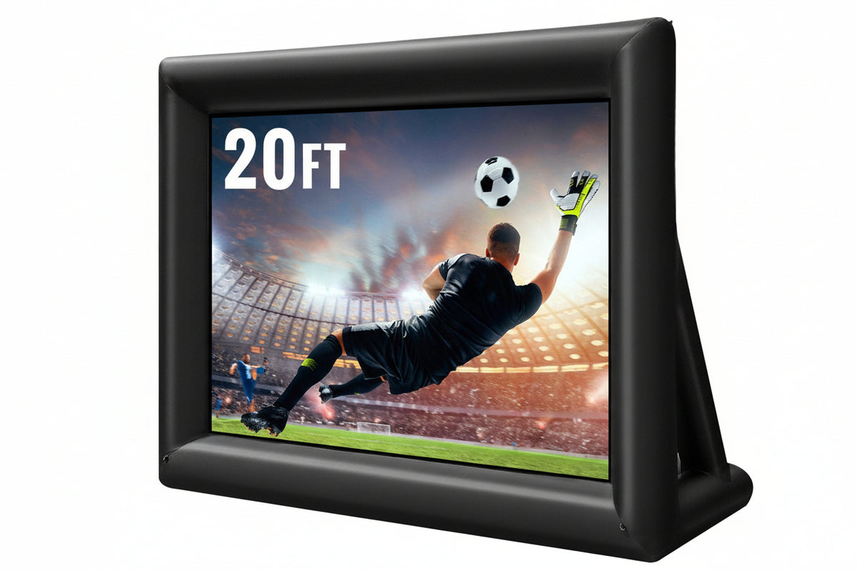 Inflatable outdoor screen  displaying a soccer game 