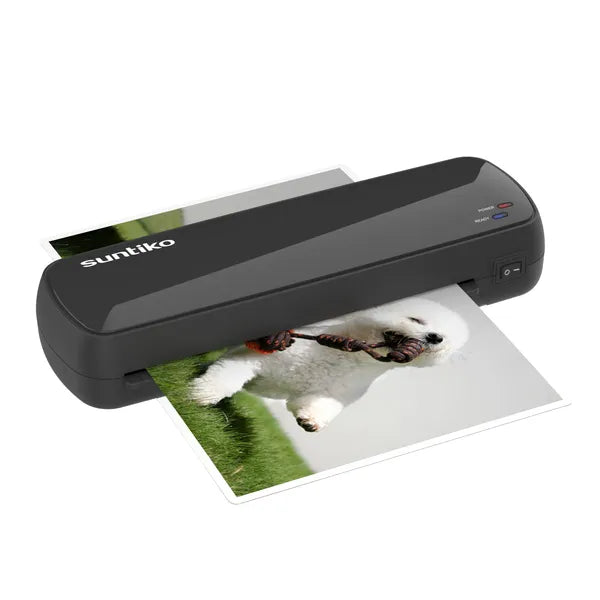 Black Sunkiko Laminator Machine with a photo of a dog on a white background