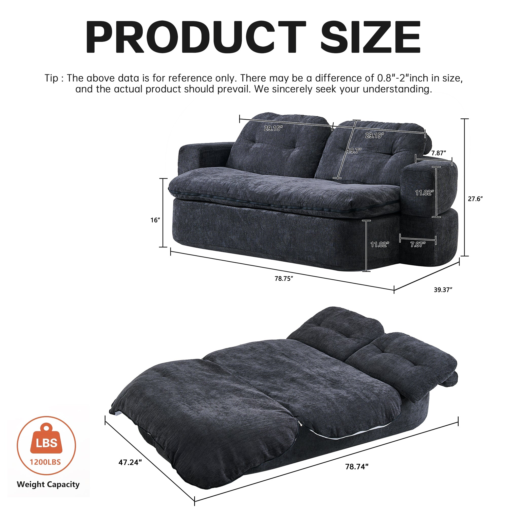 Convertible Floor Sofa Corduroy – Foam-Filled with 2 Pillows
