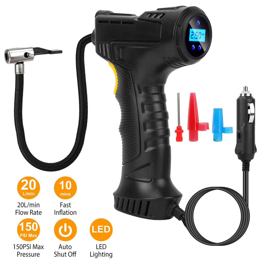 Black tire inflator with digital display and accessories on a white background