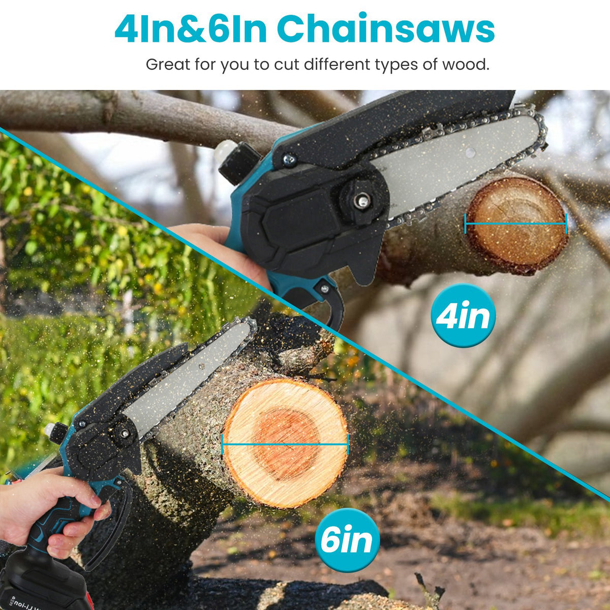 Two chainsaws with 4in and 6in bar lengths cutting wood, with a natural outdoor background.