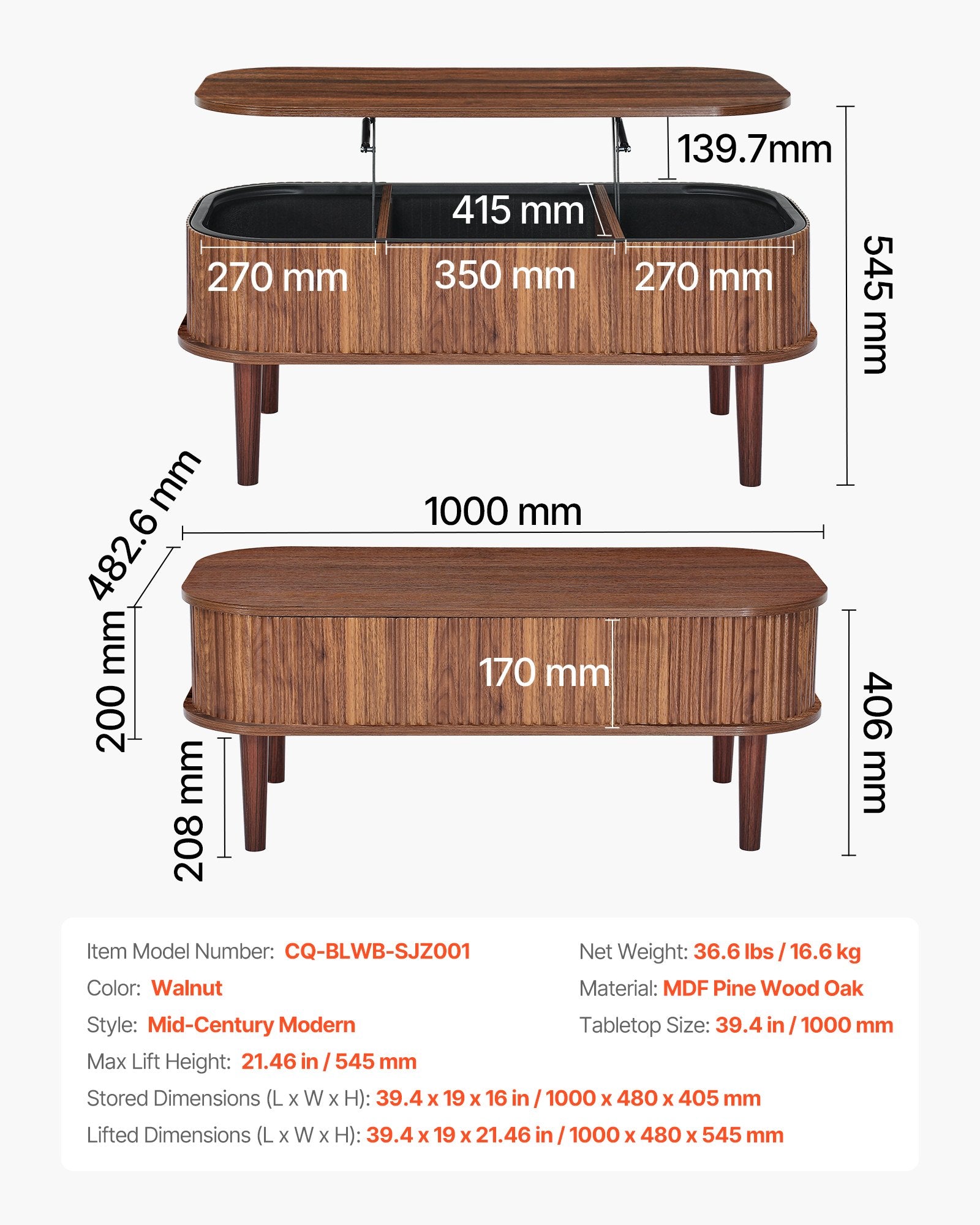 Lift Top Coffee Table – Fluted Oval Black Mid-Century Design