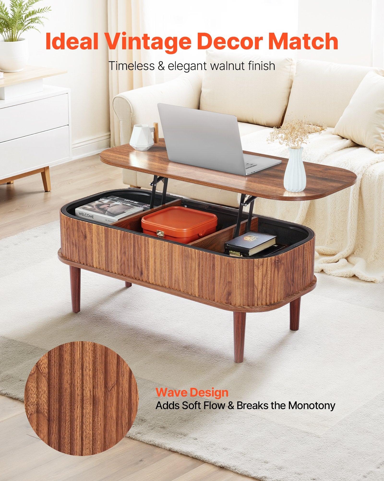 Lift Top Coffee Table – Fluted Oval Black Mid-Century Design