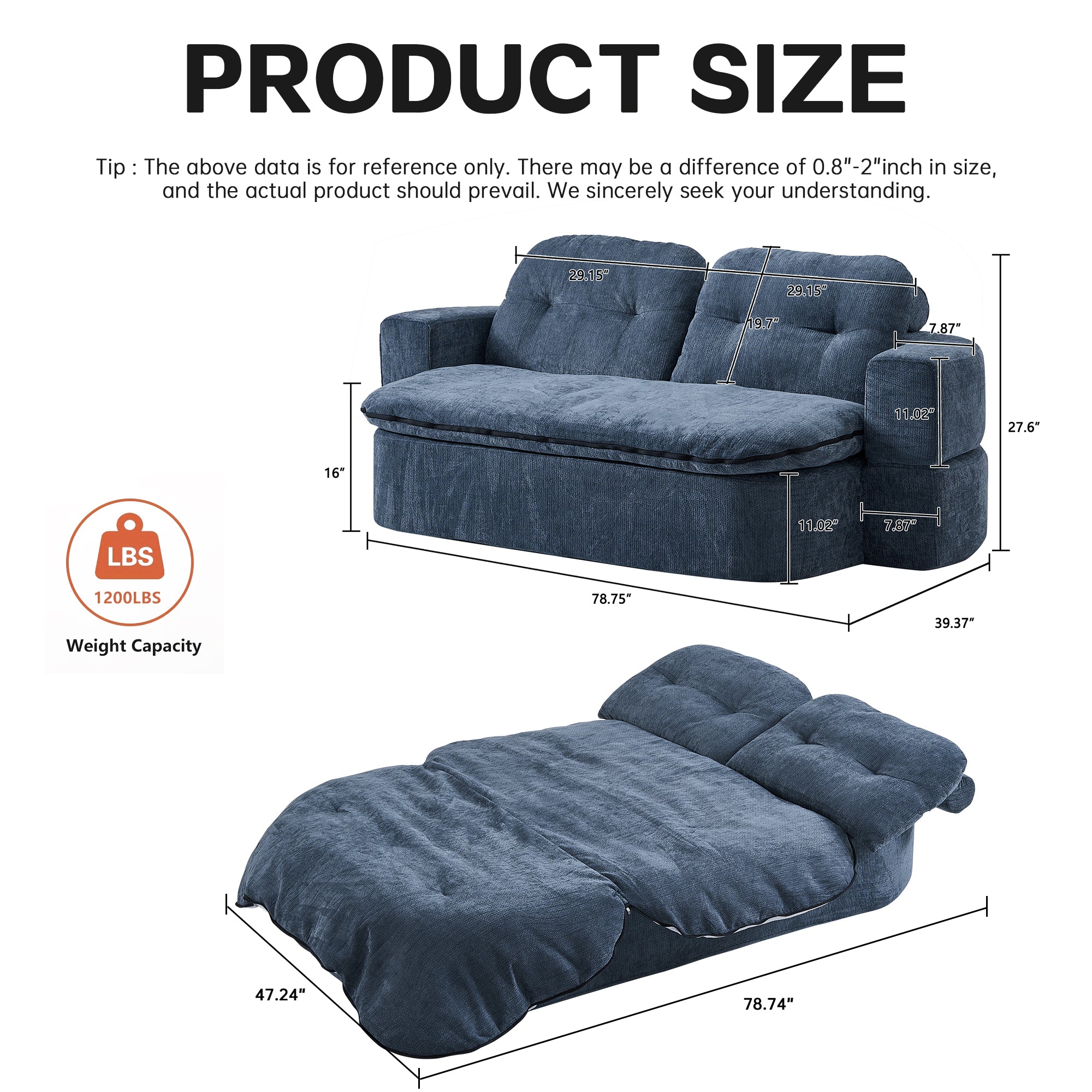Convertible Floor Sofa with 2 Pillows – Sleeper Sofa Bed