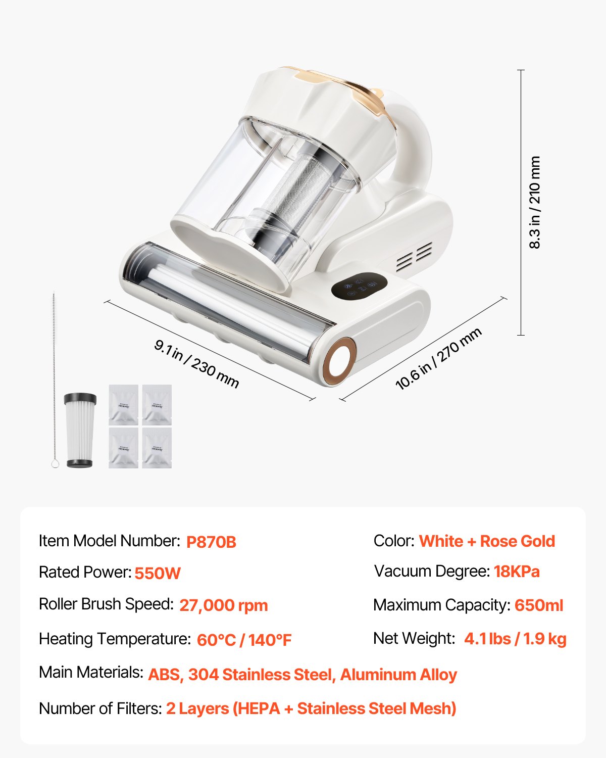 Vacuum Cleaner, 550W, HEPA Filter & Heating