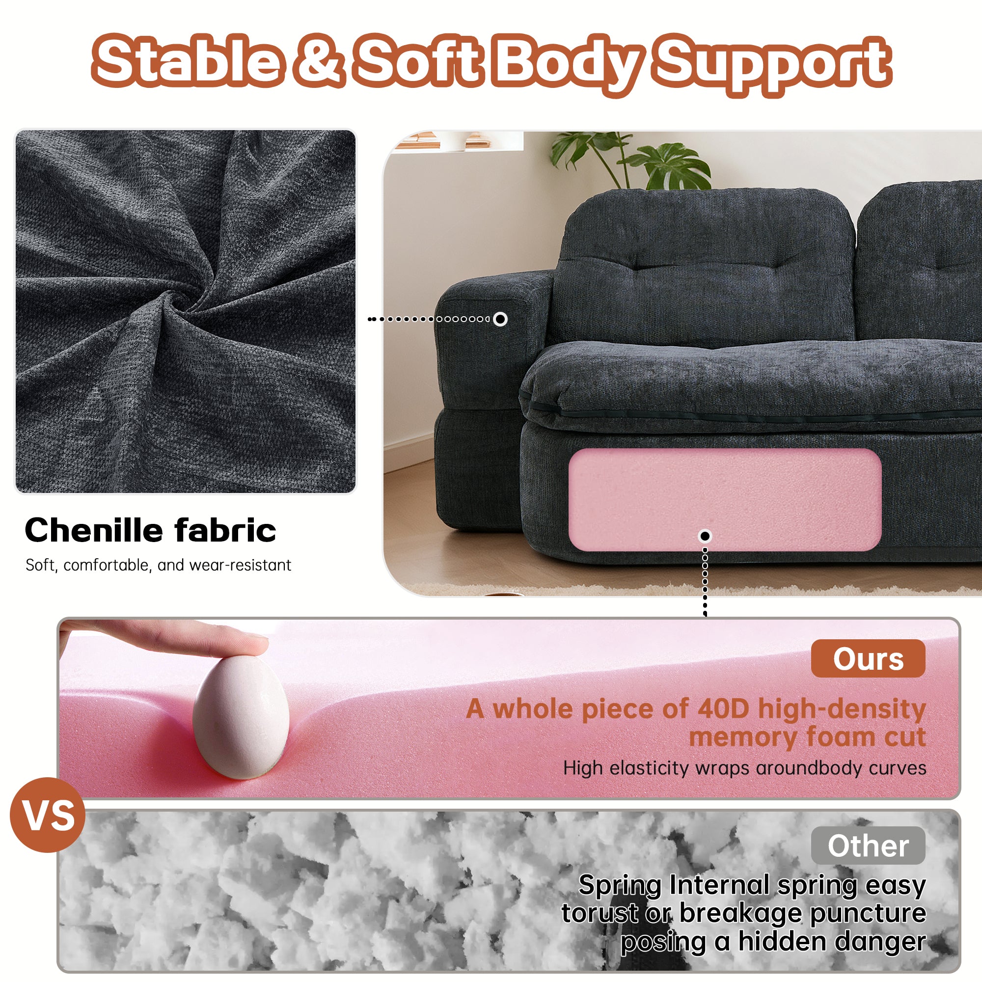 Convertible Floor Sofa Corduroy – Foam-Filled with 2 Pillows