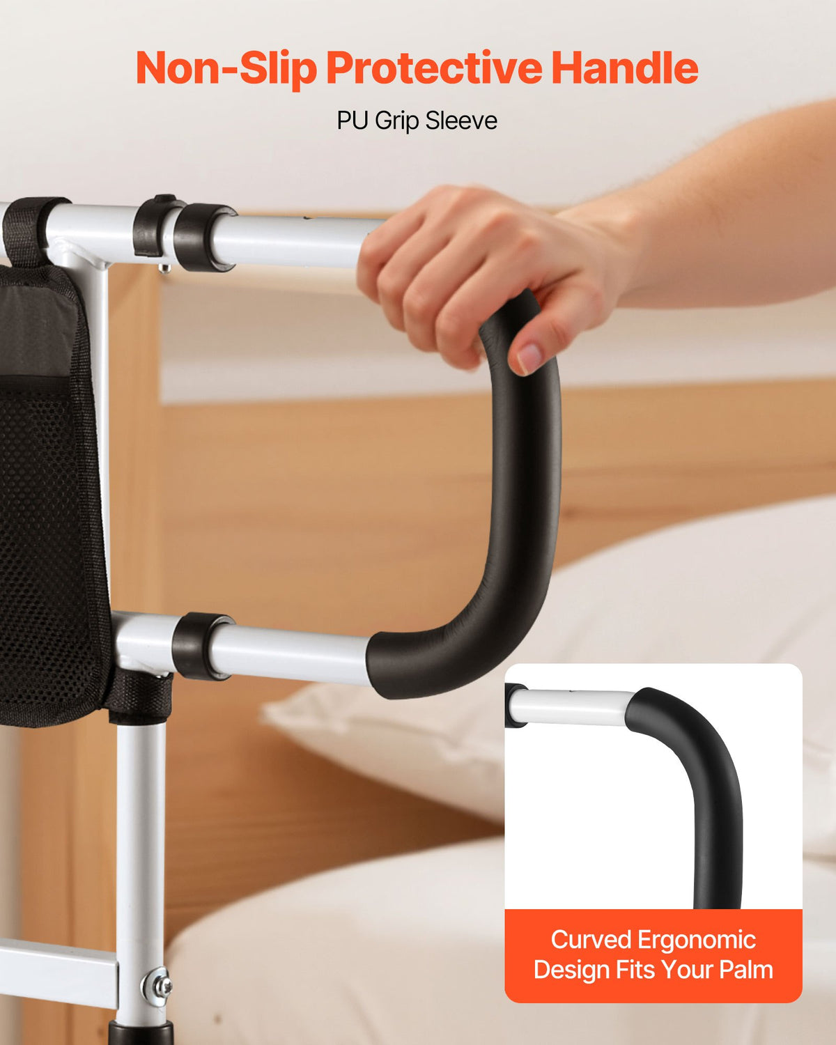 Hand holding a non-slip protective handle on an Extendable Bedside Assist Rails, close-up inset showing the handle design.