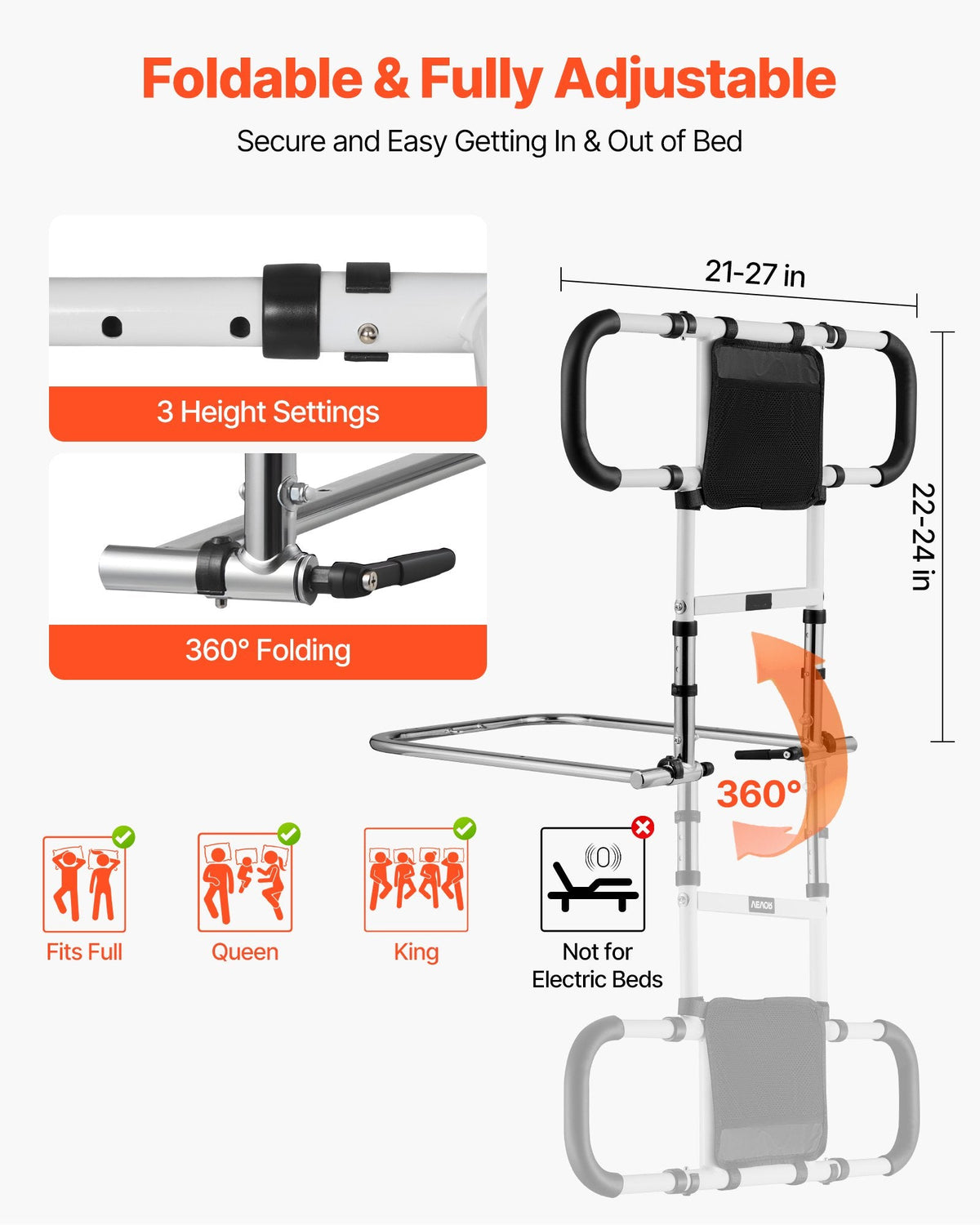 Foldable and adjustable bed assist device with features highlighted on a white background