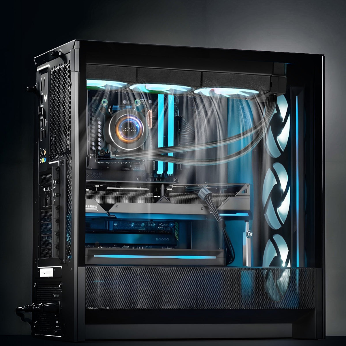 Computer case with visible cooling system and components on a dark background