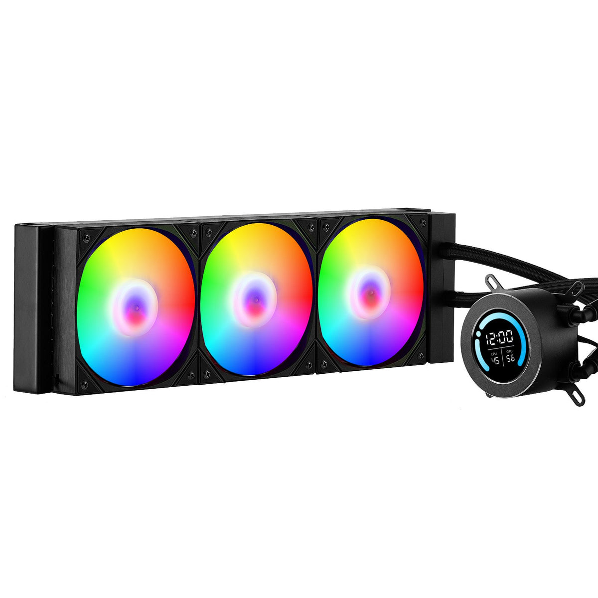 Computer cooling system with ARGB lights and digital display on a white background