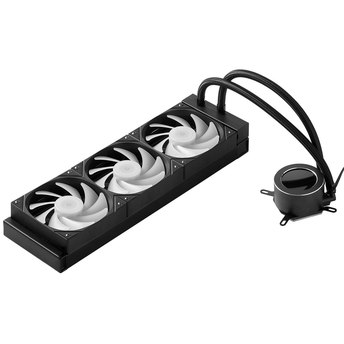 Computer cooling system with multiple fans and a pump on a white background
