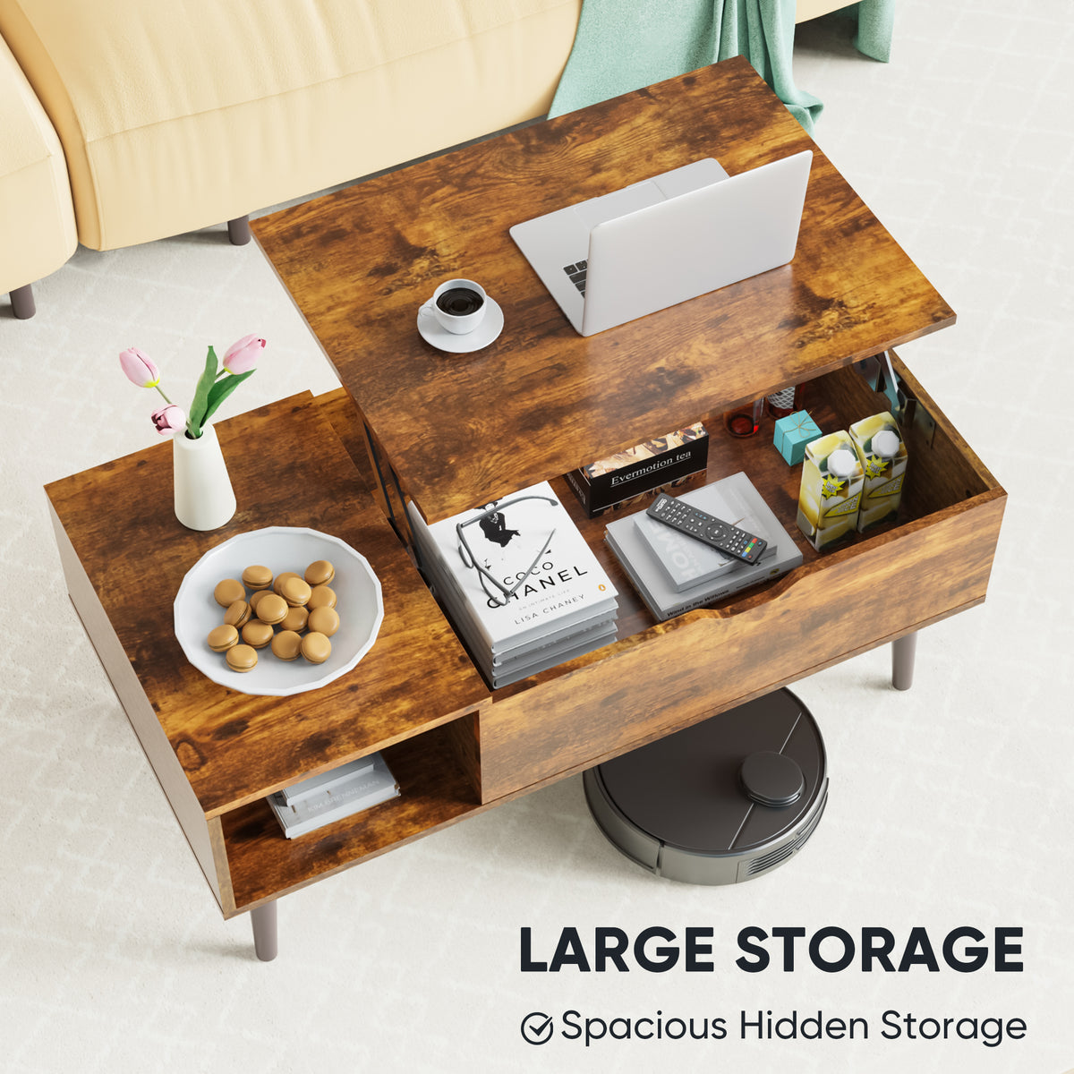 Wooden coffee table & desk with laptop, coffee, and snacks on a light-colored floor.