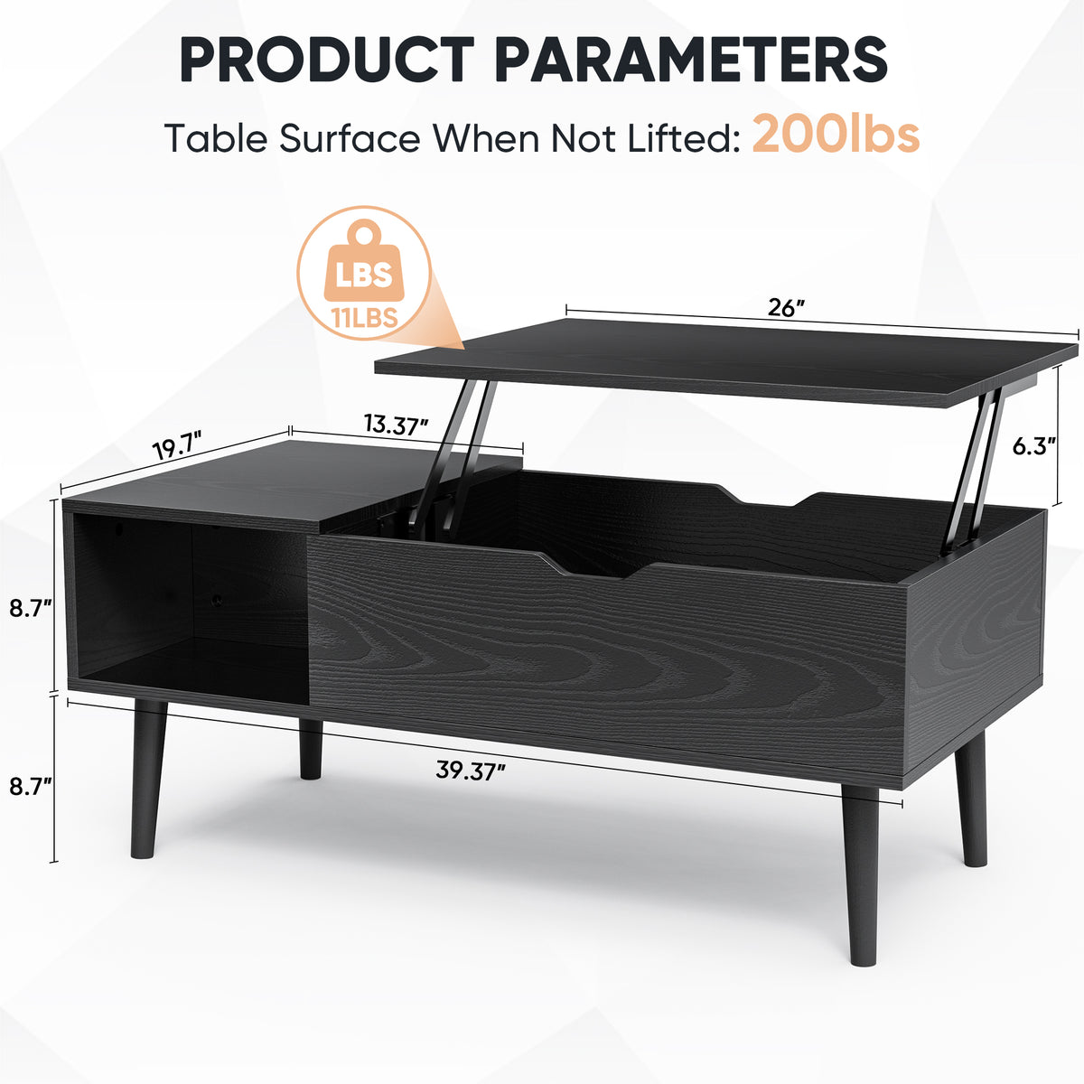 Black lift-top coffee table with dimensions and weight capacity on a white background