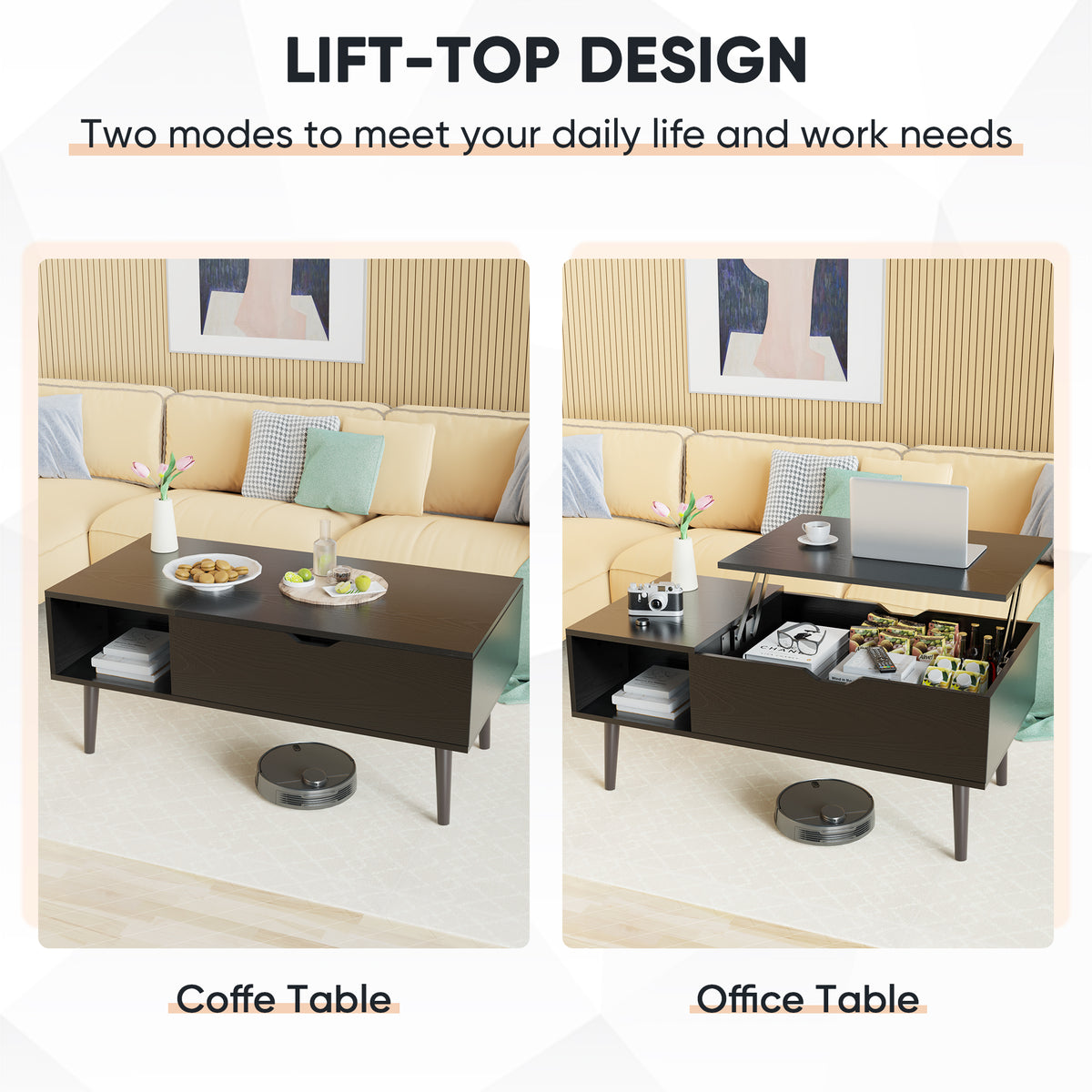 Lift-top coffee table transforming into an office table with two modes shown.