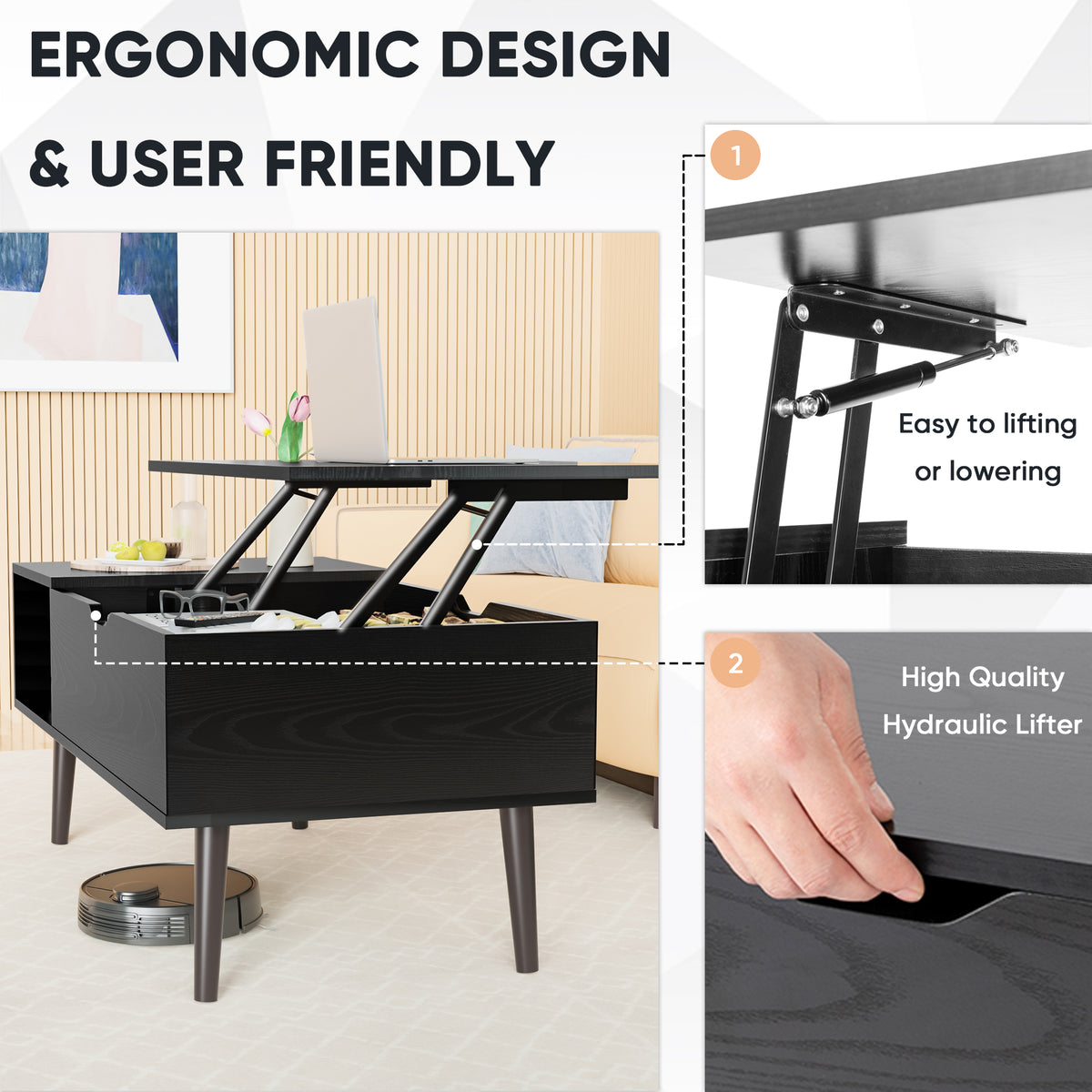 Ergonomic design coffee table with mechanical lifter in a living room setting