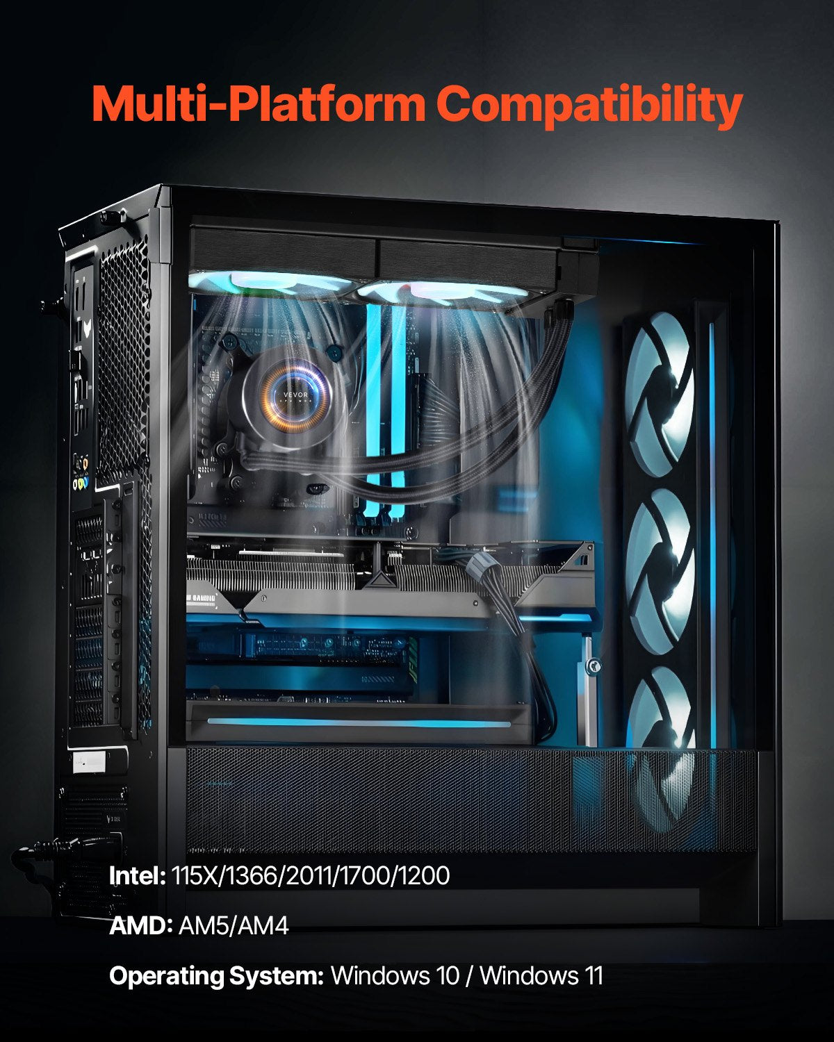 Computer case with visible components and text about a cooler with  multi-platform compatibility on a dark background