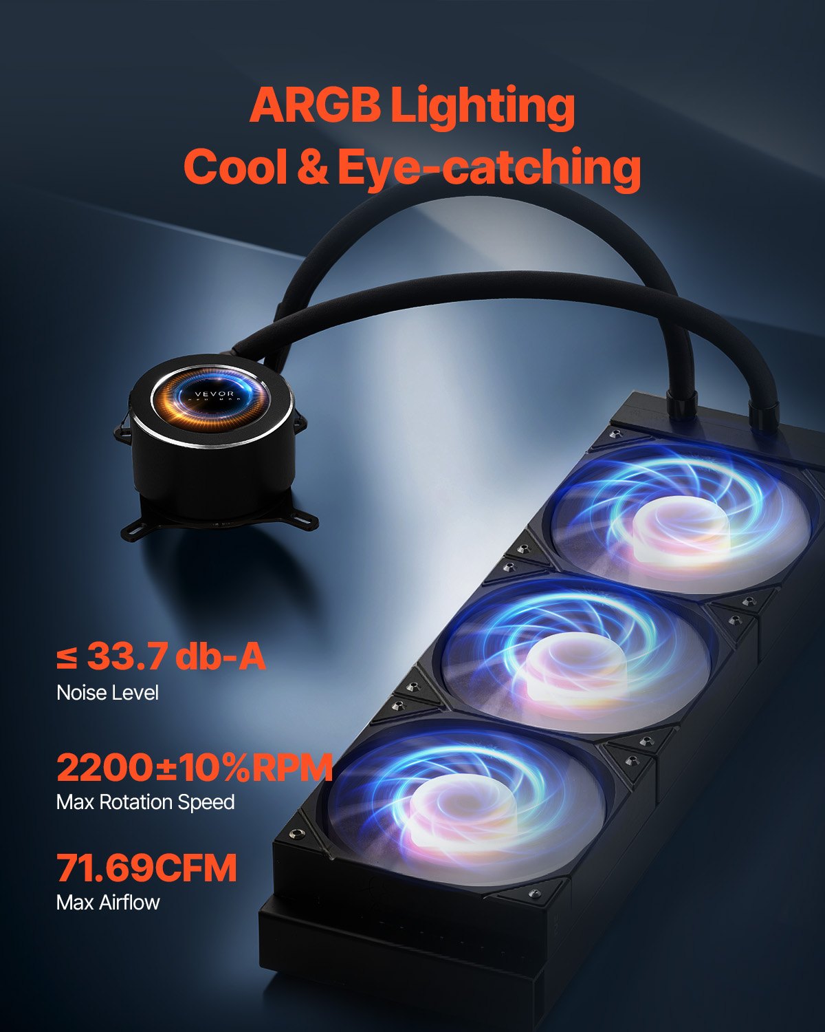 Computer cooling system with ARGB lighting on a dark background