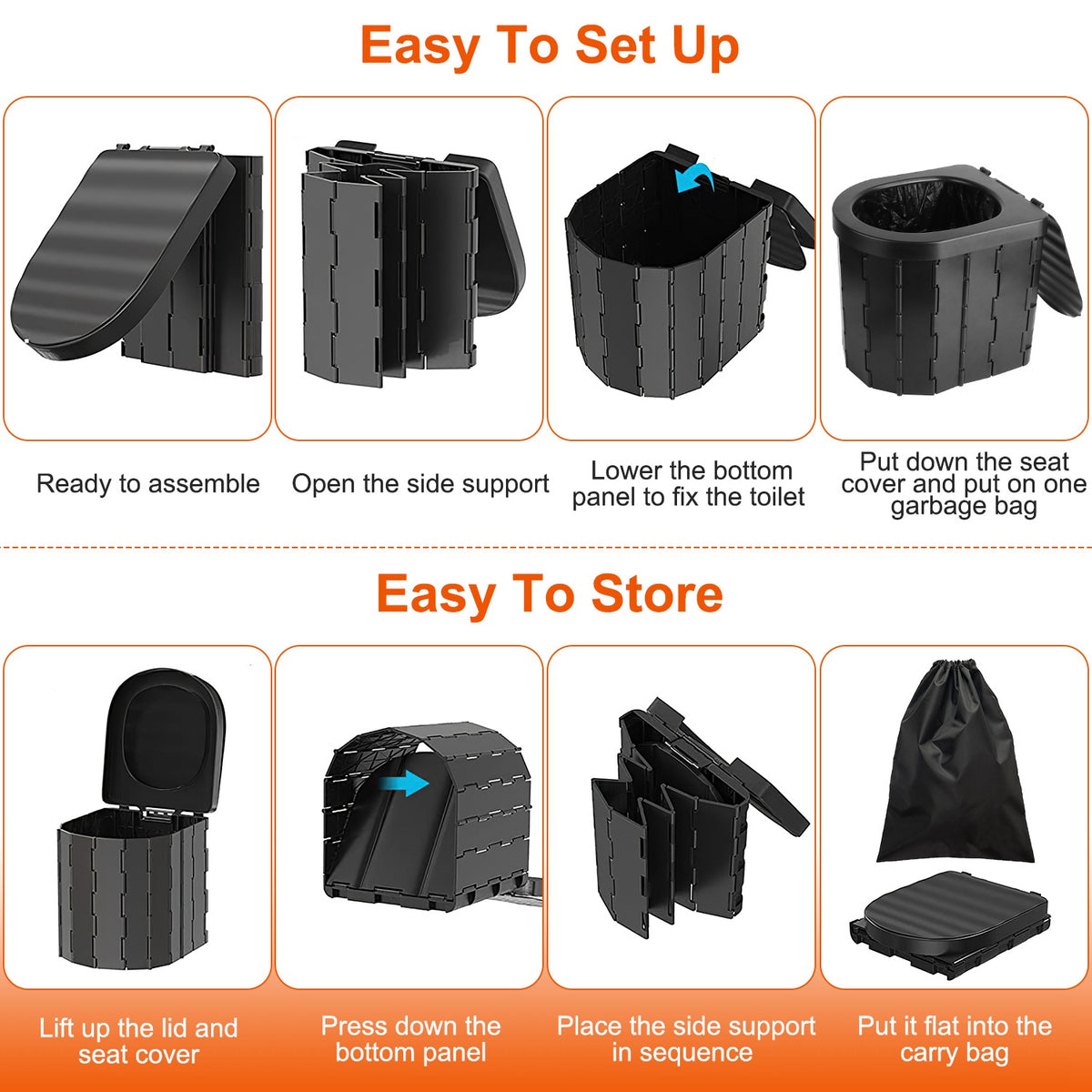 Step-by-step guide on how to set up and store a portable toilet system.