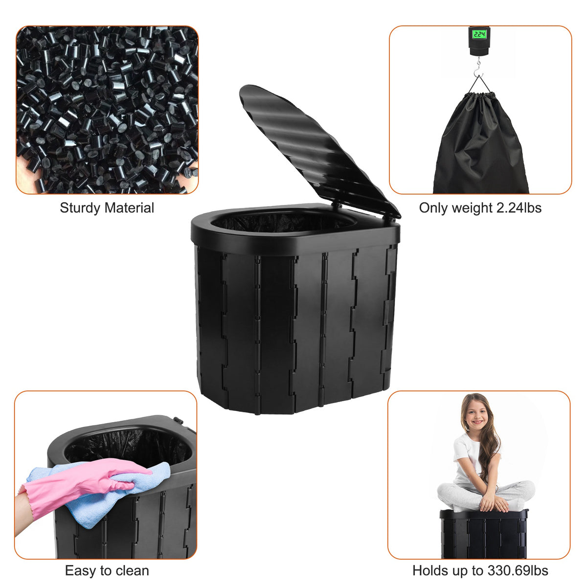 Black foldable portable toilet infographic highlighting features: sturdy plastic material, lightweight design at 2.24 lbs, easy-to-clean body, and 330 lbs weight capacity.