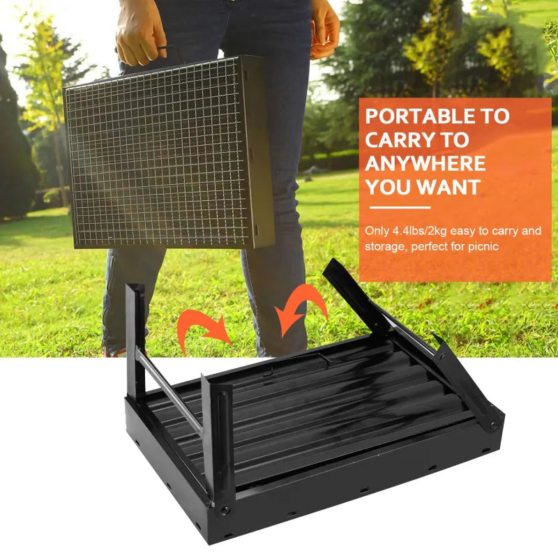 Portable grill with text highlighting portability on a grassy background