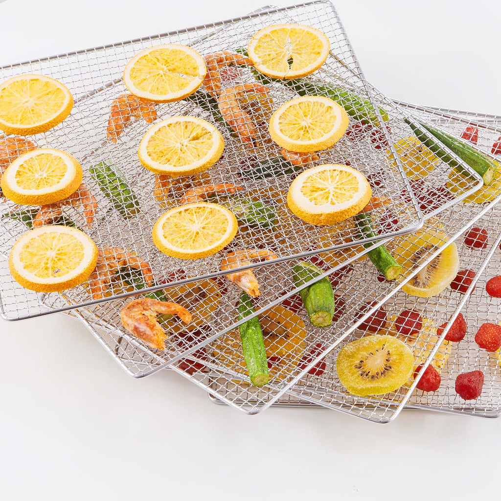 Metal mesh dehydrator trays with fruits and vegetables on a white background