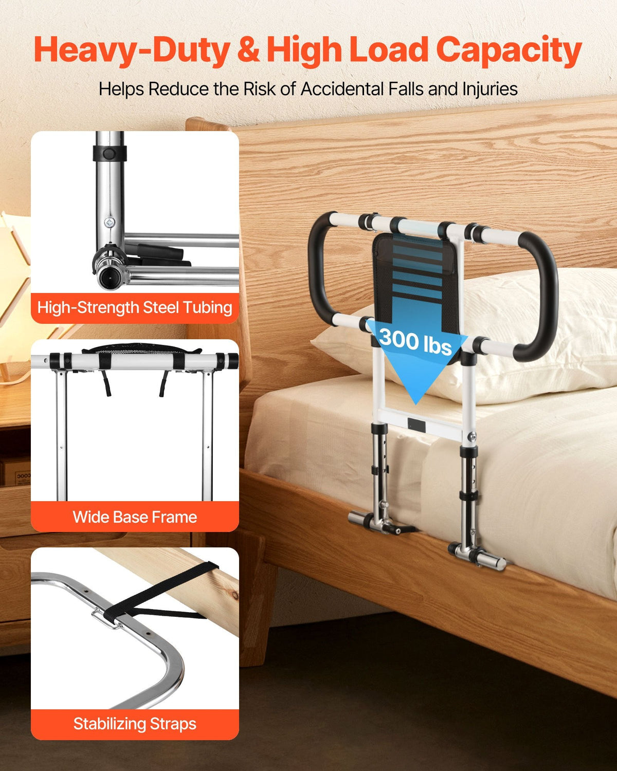 Bedside assist and safety rail with features highlighted on a bed background
