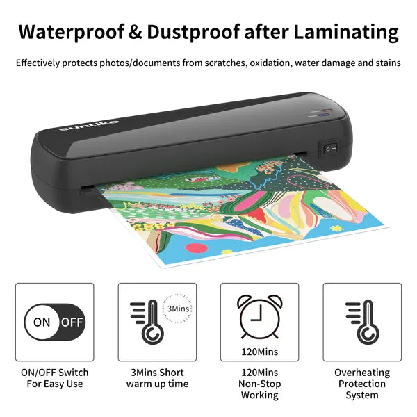 Laminating machine with colorful paper, featuring Sundkko brand, on a white background.