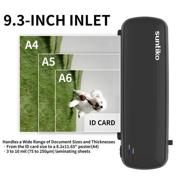 Black Suntiko laminating machine with document size comparison and ID card display on a white background