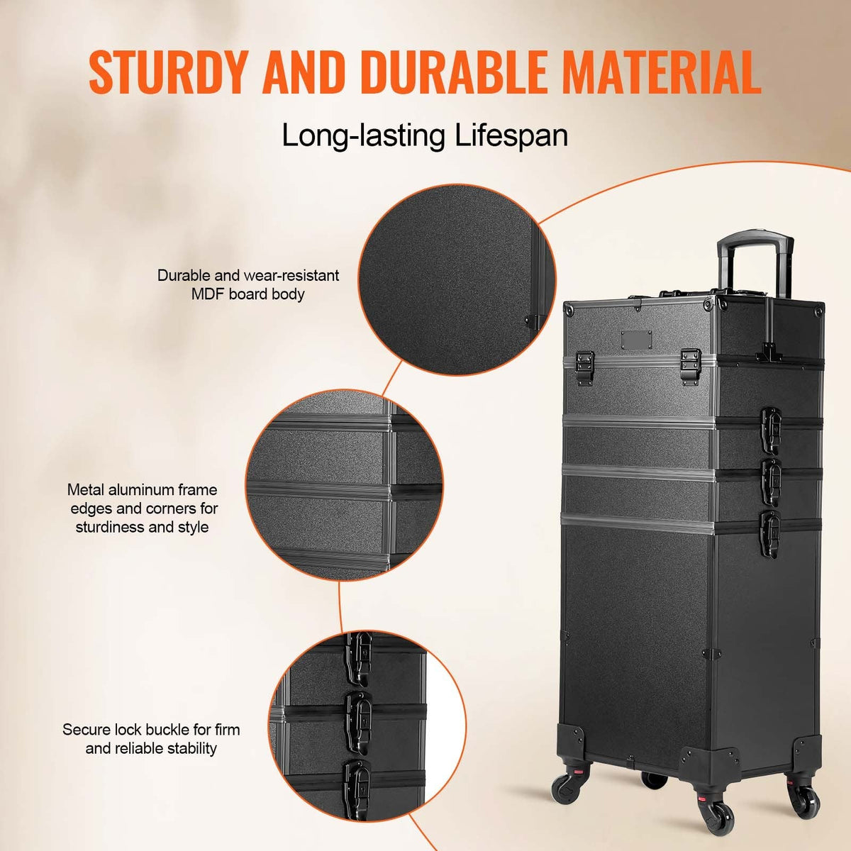 Black rolling case with durability features highlighted on a beige background