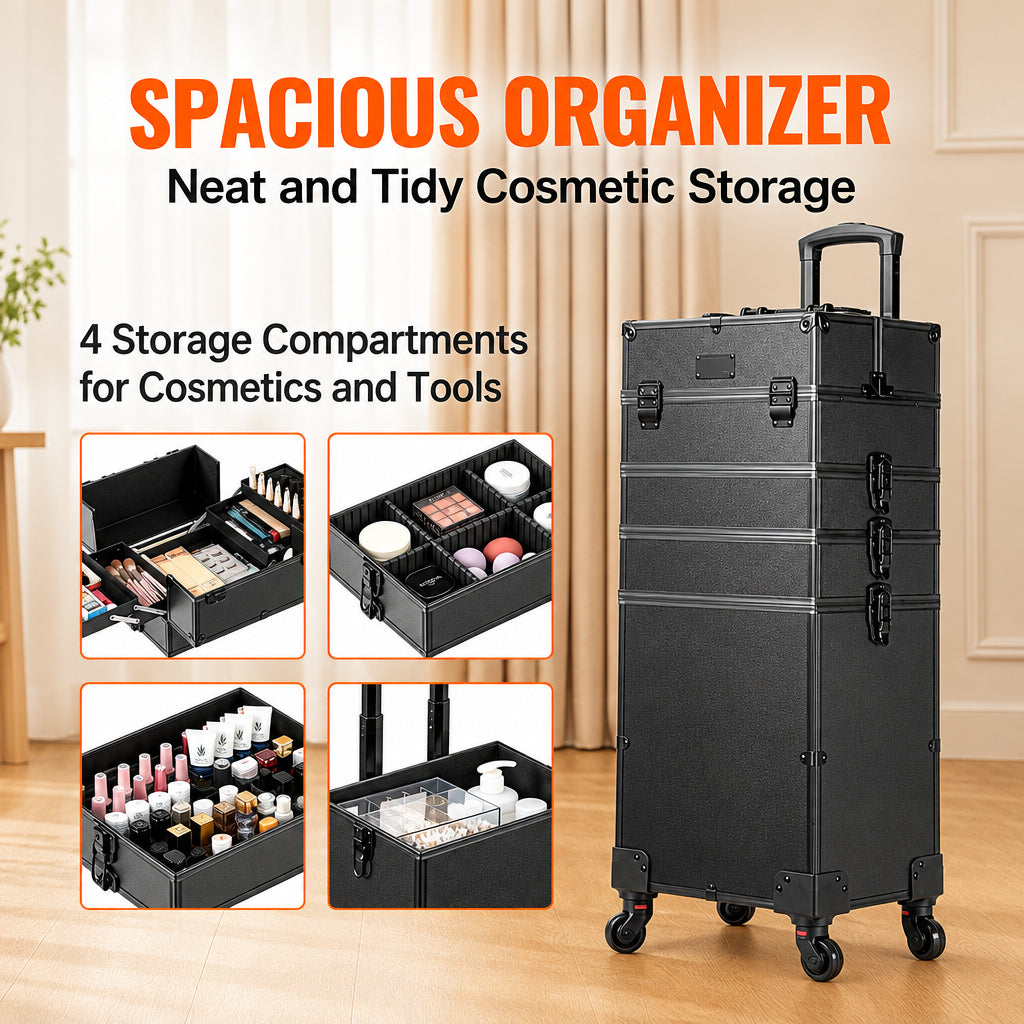 Black cosmetic organizer with  text about spacious storage compartments.