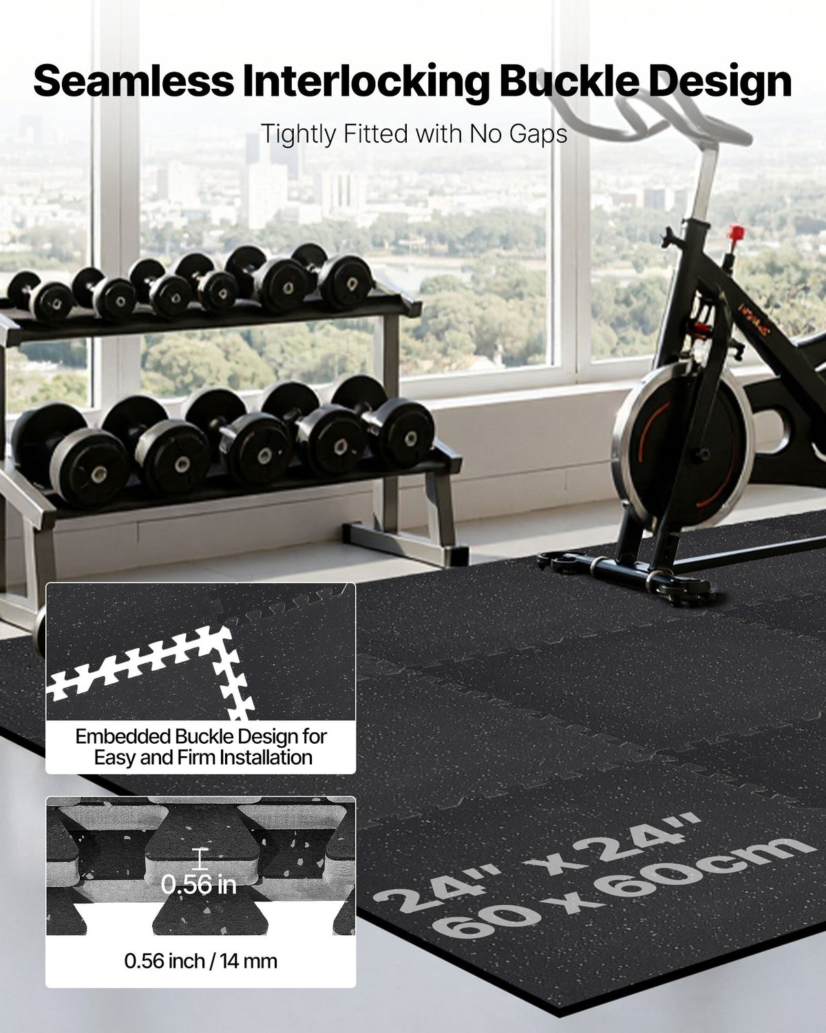 Gym mat with seamless interlocking buckle design in a home gym setting