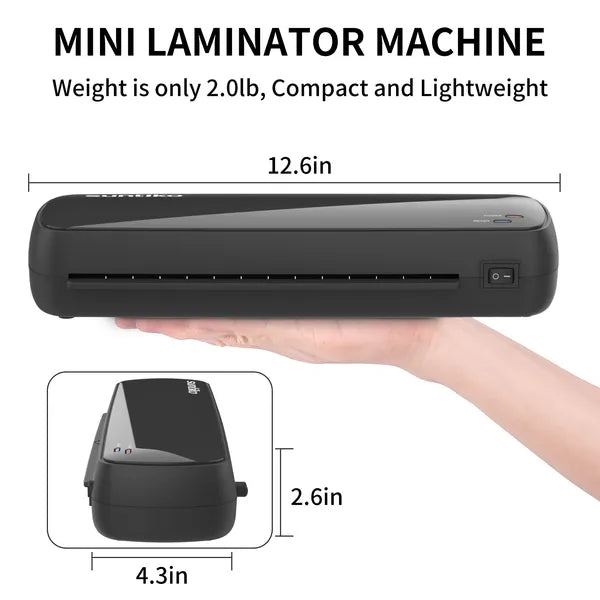 Mini laminator machine held in a hand with dimensions displayed