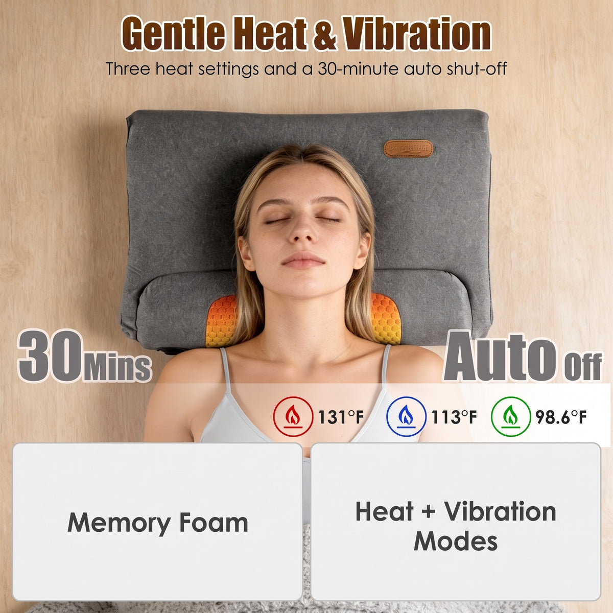 Gray heated massage pillow behind a woman's neck, with a 30-minute auto-off and three heat settings (98.6°F, 113°F, 131°F)