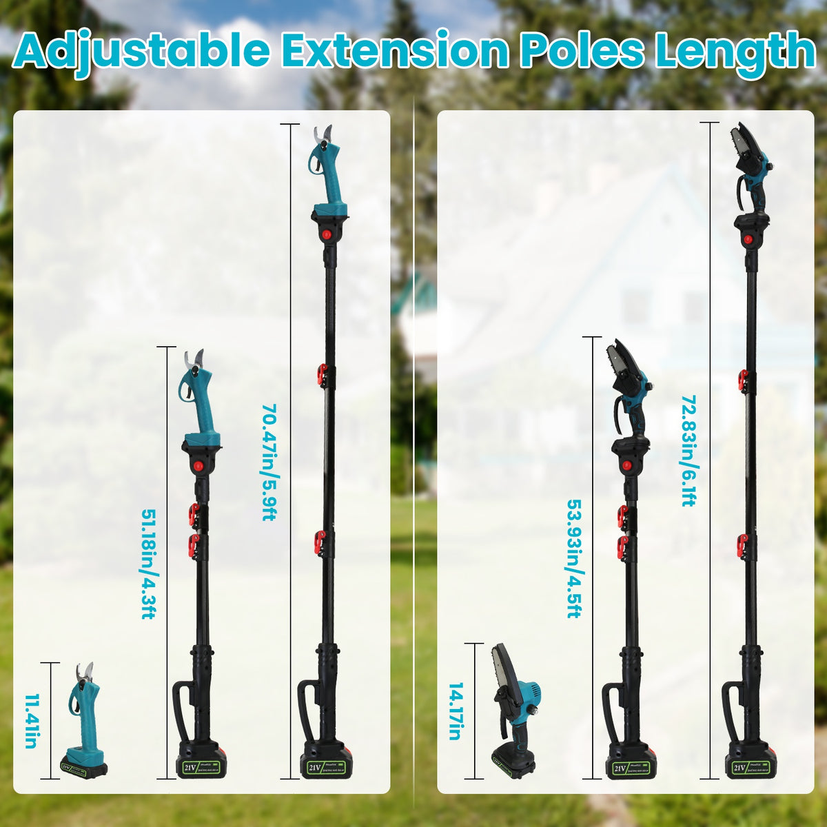Gardening tool with adjustable extension poles showing different lengths against a natural background.