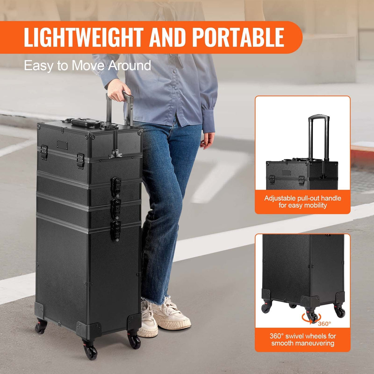 Black cart with wheels and handle, person pulling it, text about lightweight and portable design.
