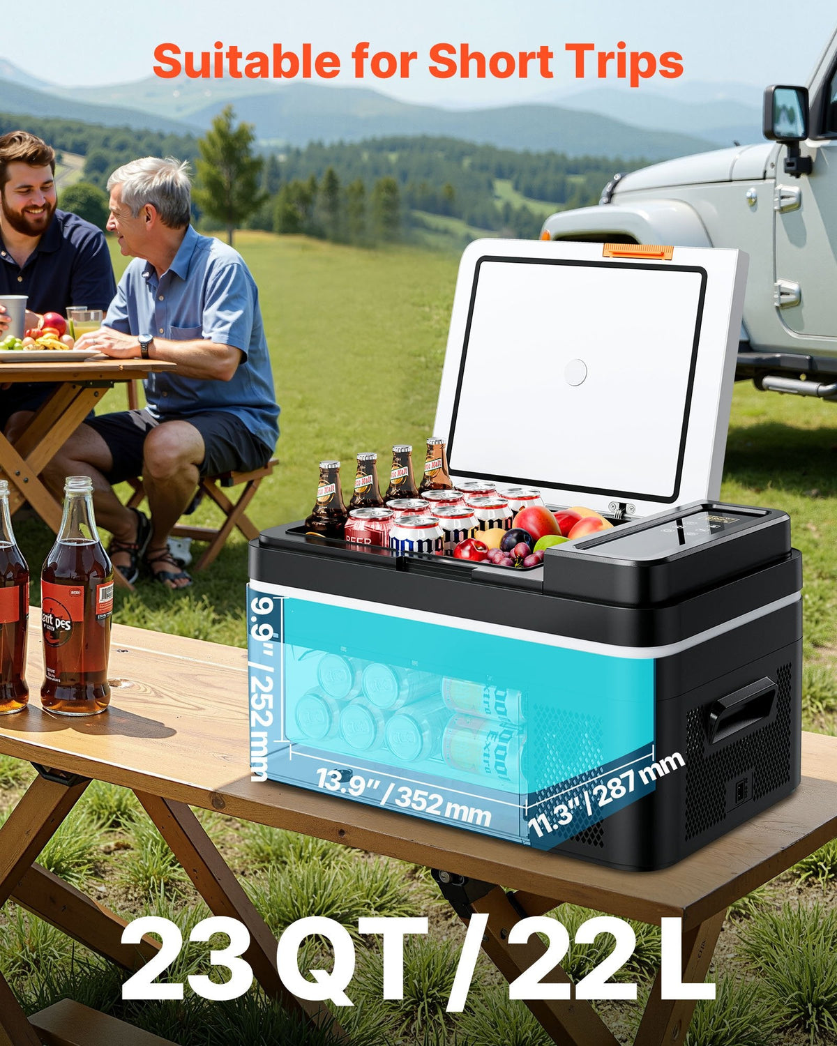 Portable refrigerator with drinks on a picnic table outdoors, suitable for short trips.
