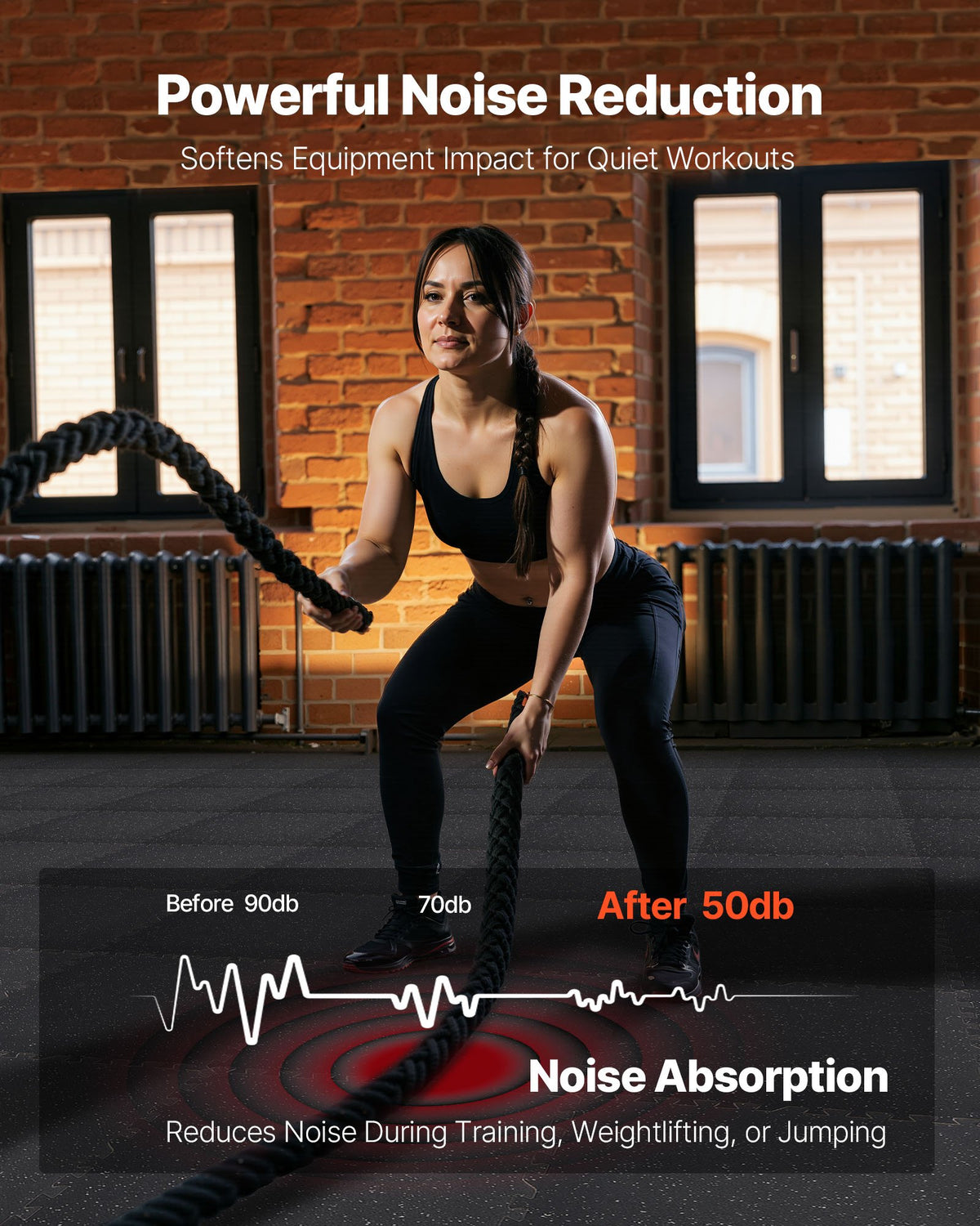 Woman exercising with battle ropes in a gym setting, EVA Foam Mats Sets noise reduction.