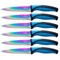 Steak Knife Set 6 Rainbow Titanium Coated Blades & Blue Handles