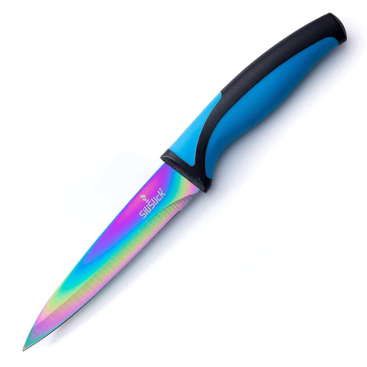 Steak Knife Set 6 Rainbow Titanium Coated Blades & Blue Handles