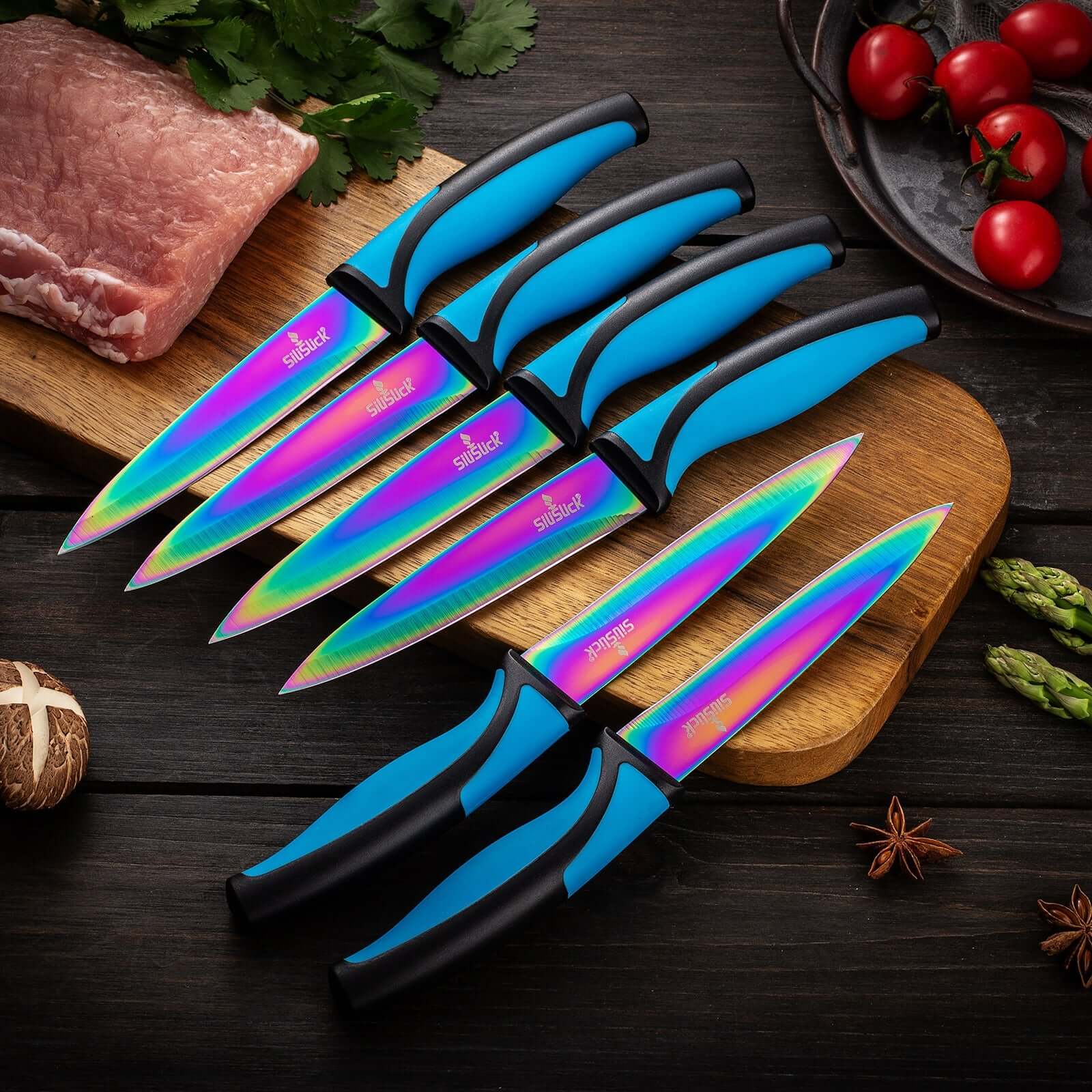 Steak Knife Set 6 Rainbow Titanium Coated Blades & Blue Handles