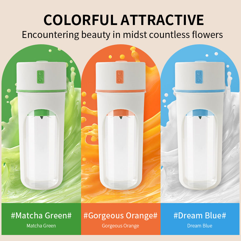 Three colorful juicers with labels 'Matcha Green', 'Gorgeous Orange', and 'Dream Blue' on a floral background.