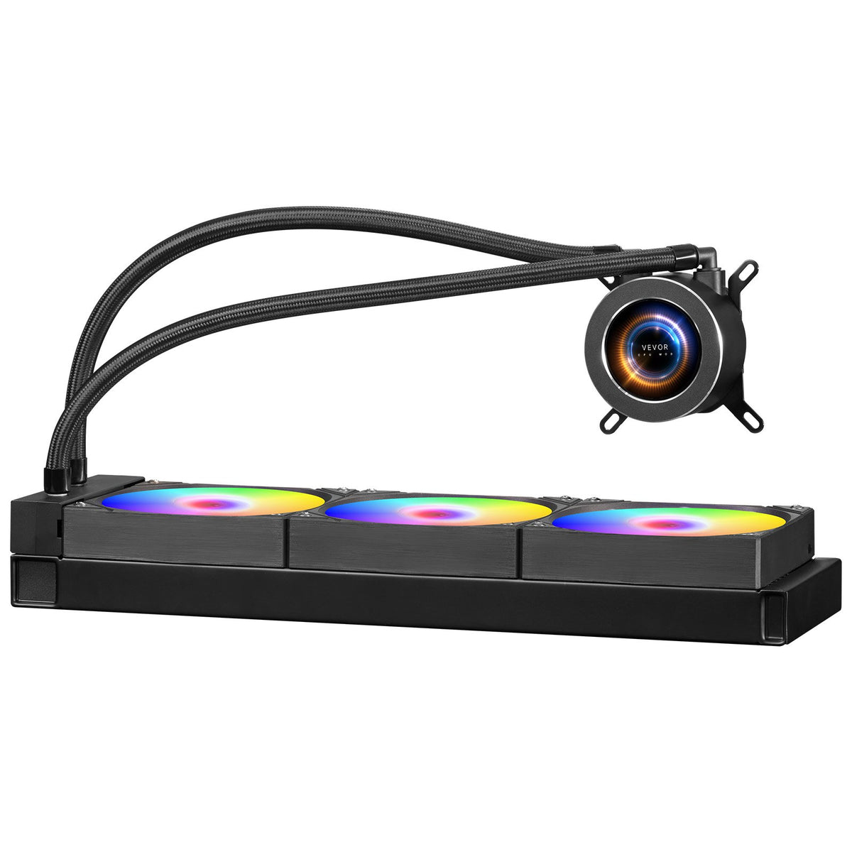 Computer water cooling system with ARGB lighting on a white background