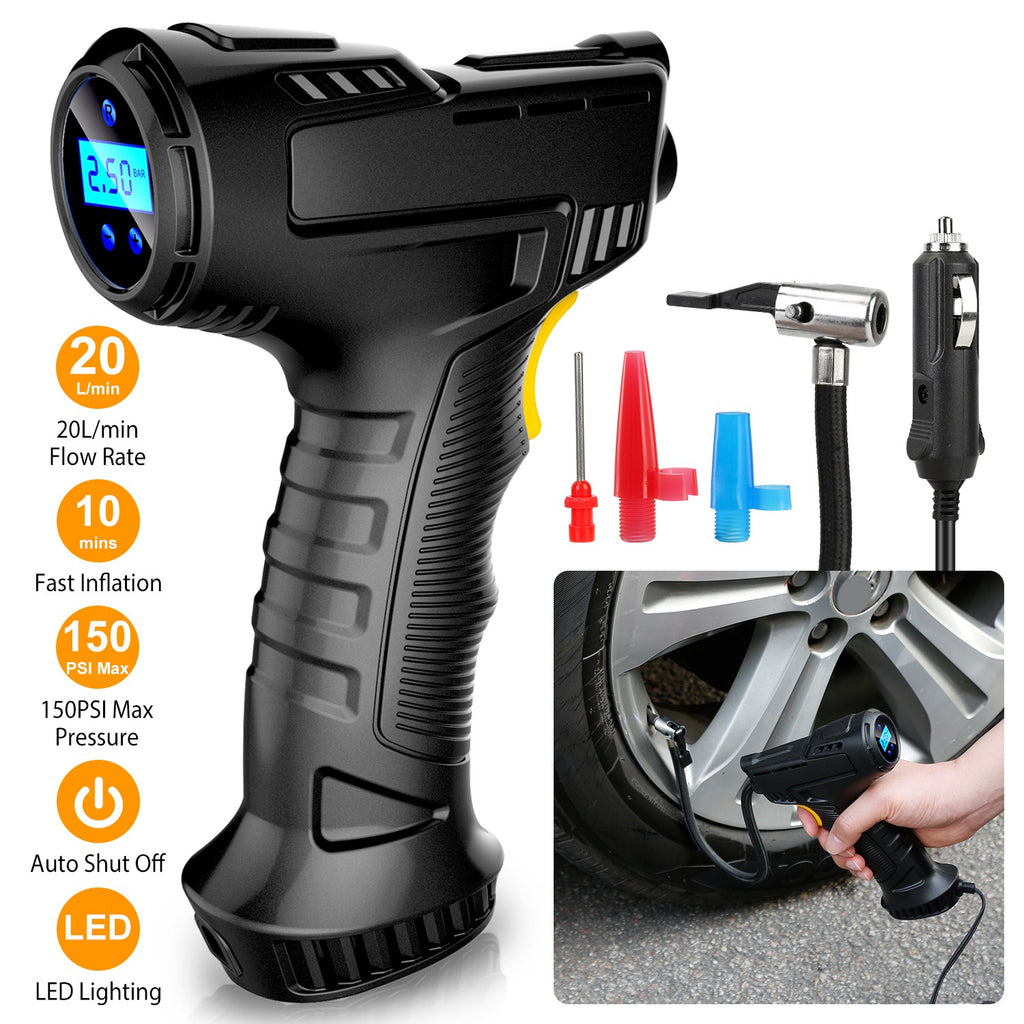 Black handheld air compressor with features and usage examples on a white background