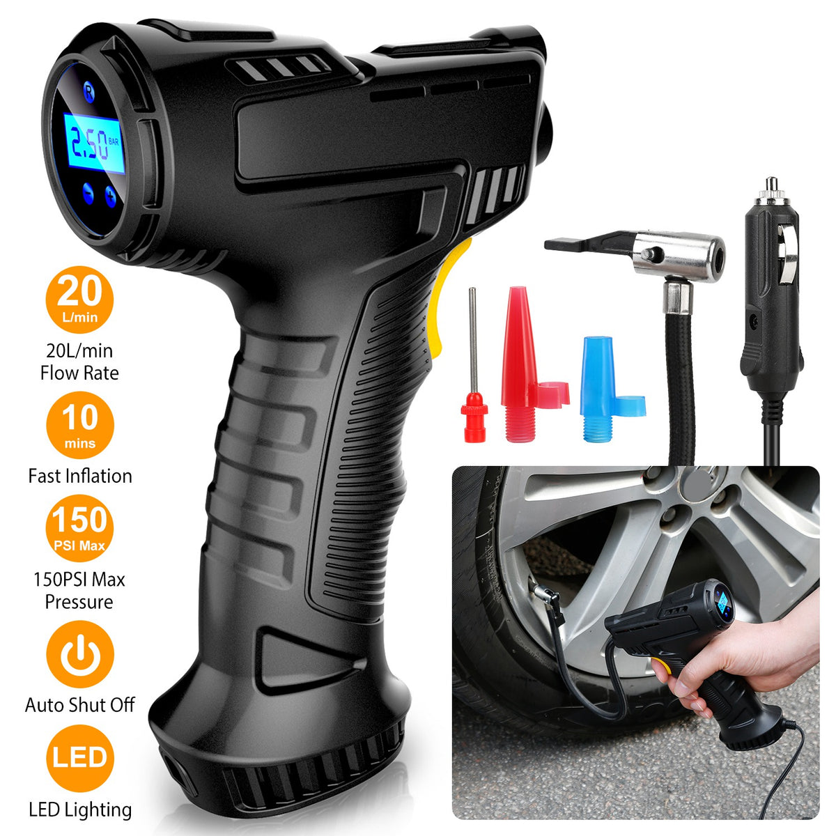 Black handheld air compressor with features and usage examples on a white background