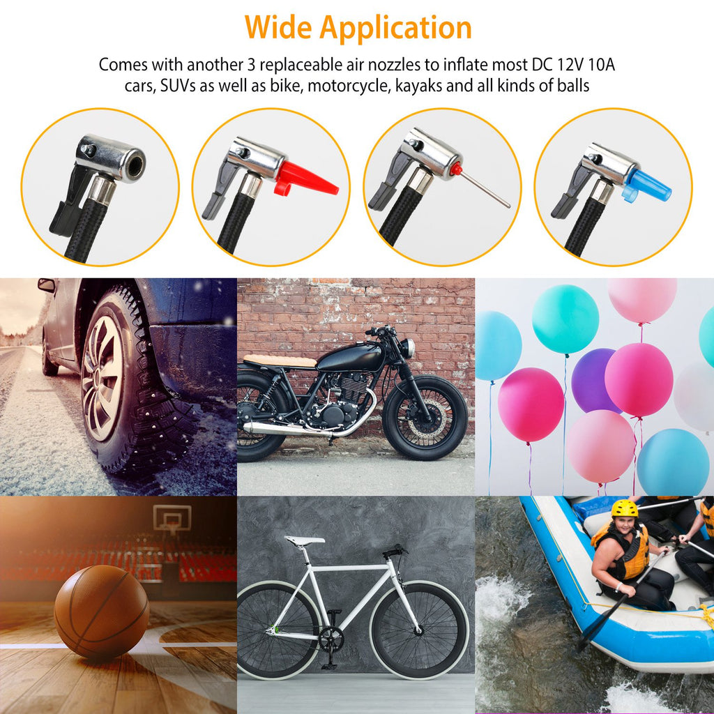 Inflator with replaceable nozzles used for various applications including cars, bikes, and balloons.