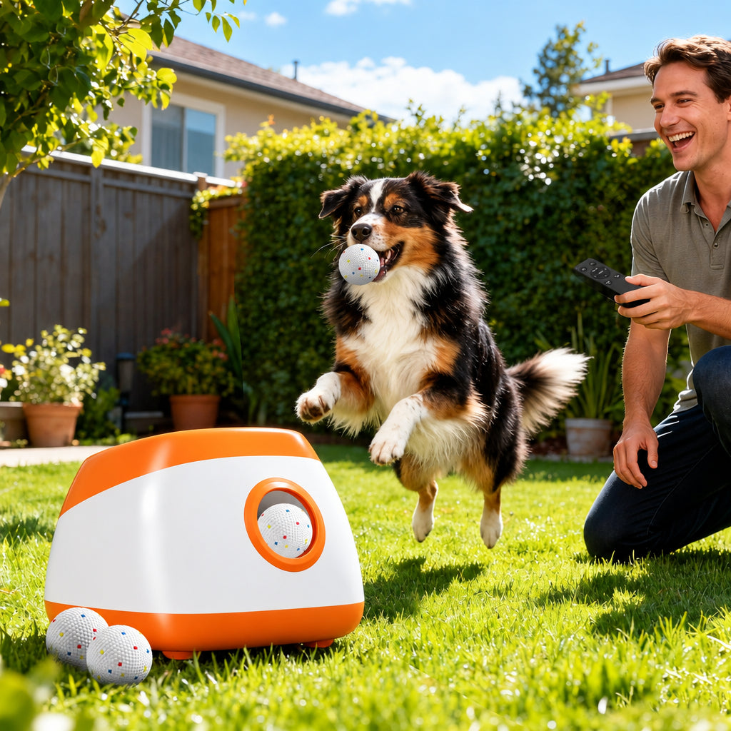 Dog jumping to catch a ball from an orange and white automatic ball launcher in a backyard while a man holds the remote