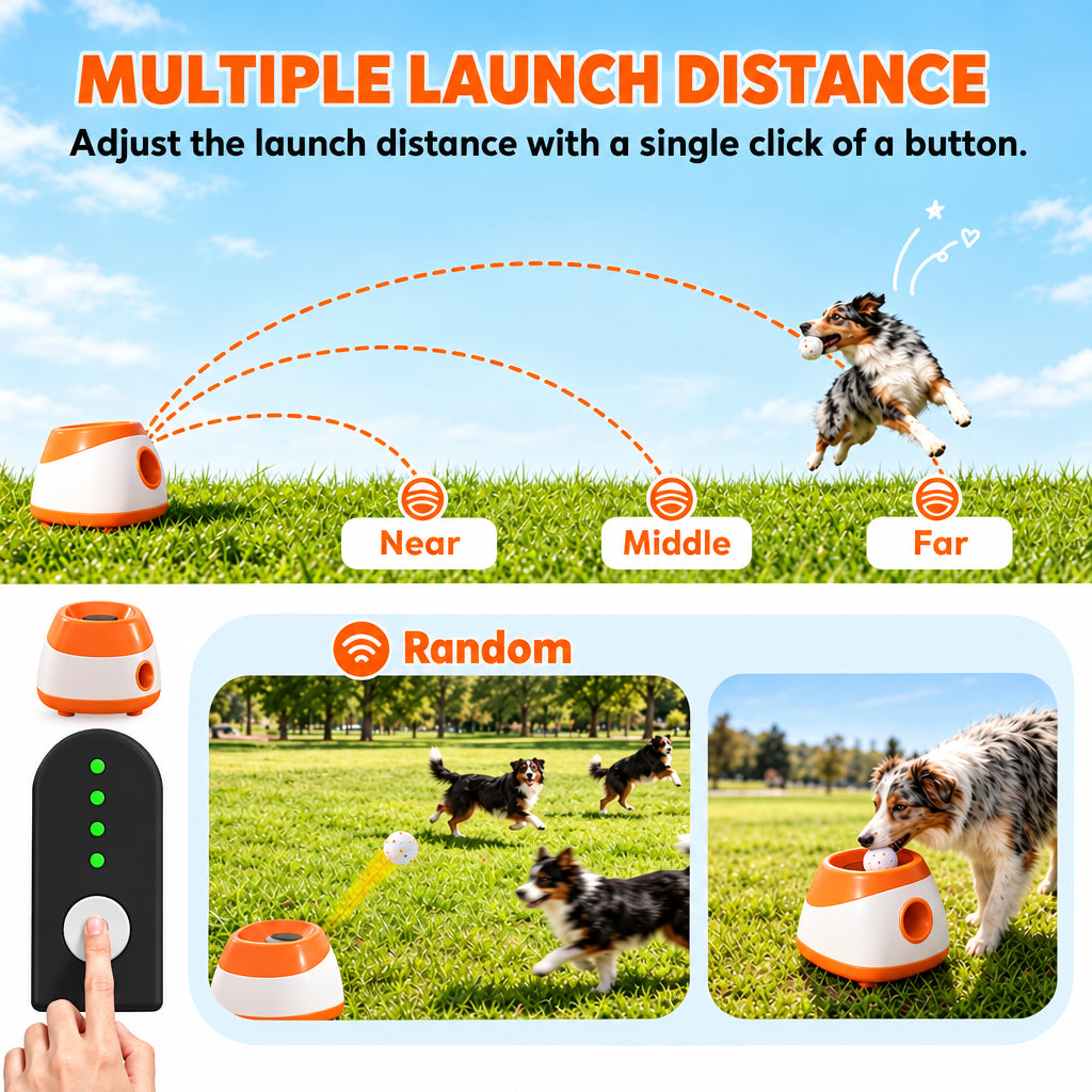 Ball launcher distance settings near, middle, far and random, with a remote control