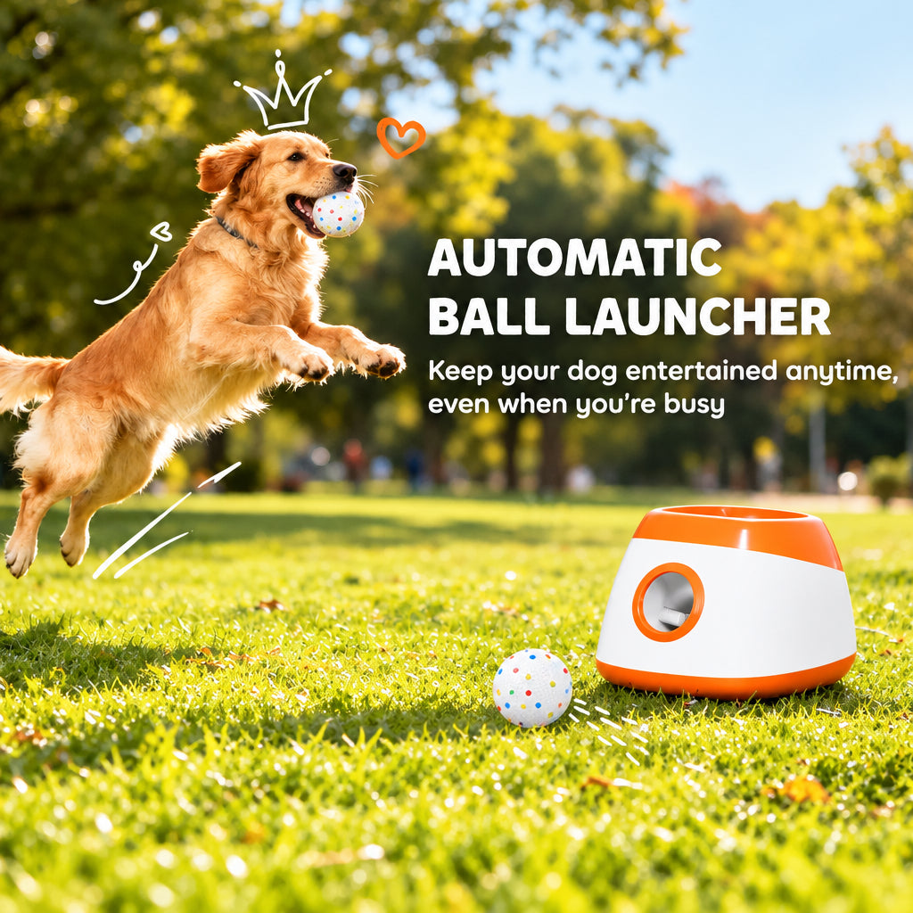 Golden retriever catching a ball launched by the automatic dog ball launcher on a lawn